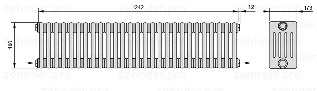 Схема (чертеж) Радиатор Zehnder Charleston 5019/27 №2670 Белый глянцевый RAL 9016